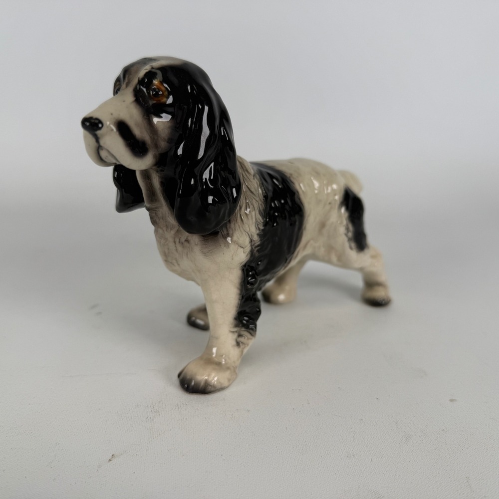 Vintage Ceramic Springer Spaniel Dog Figurine Black White Made in Japan 5.25in